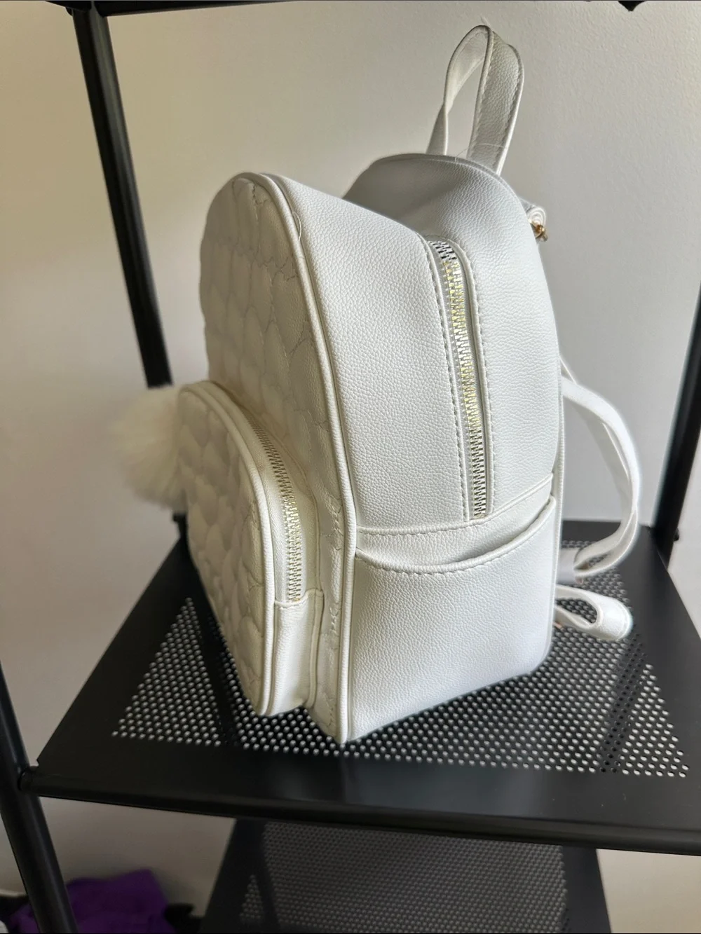 White Quilted Heart Mini Backpack with Pom Pom